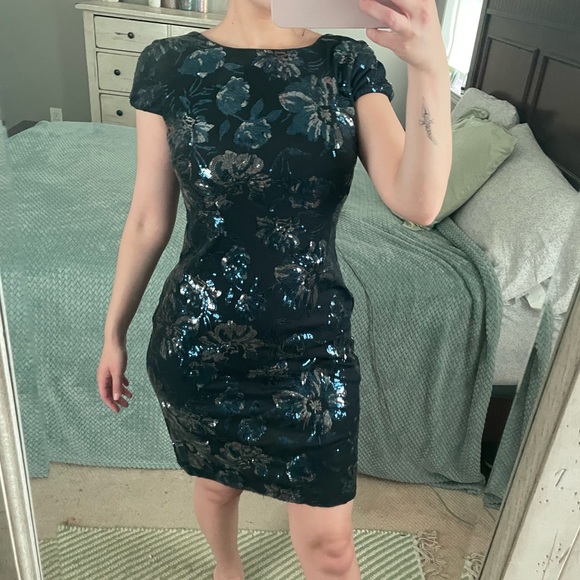 Calvin Klein Blue Floral Sequin Dress With Cowl Back Detail - Picture 2 of 14